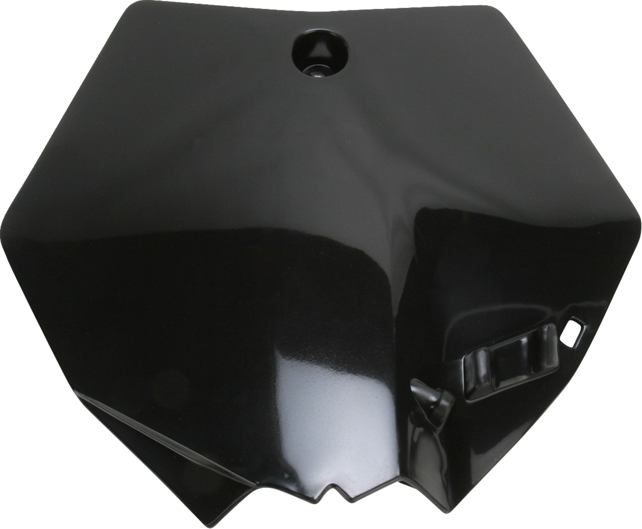 A black Acerbis front number plate body part for motorcycles, with mounting holes, on a plain background.