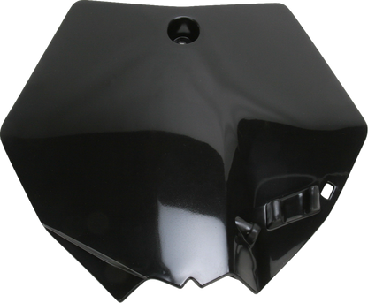 A black Acerbis front number plate body part for motorcycles, with mounting holes, on a plain background.