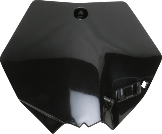 A black Acerbis front number plate body part for motorcycles, with mounting holes, on a plain background.