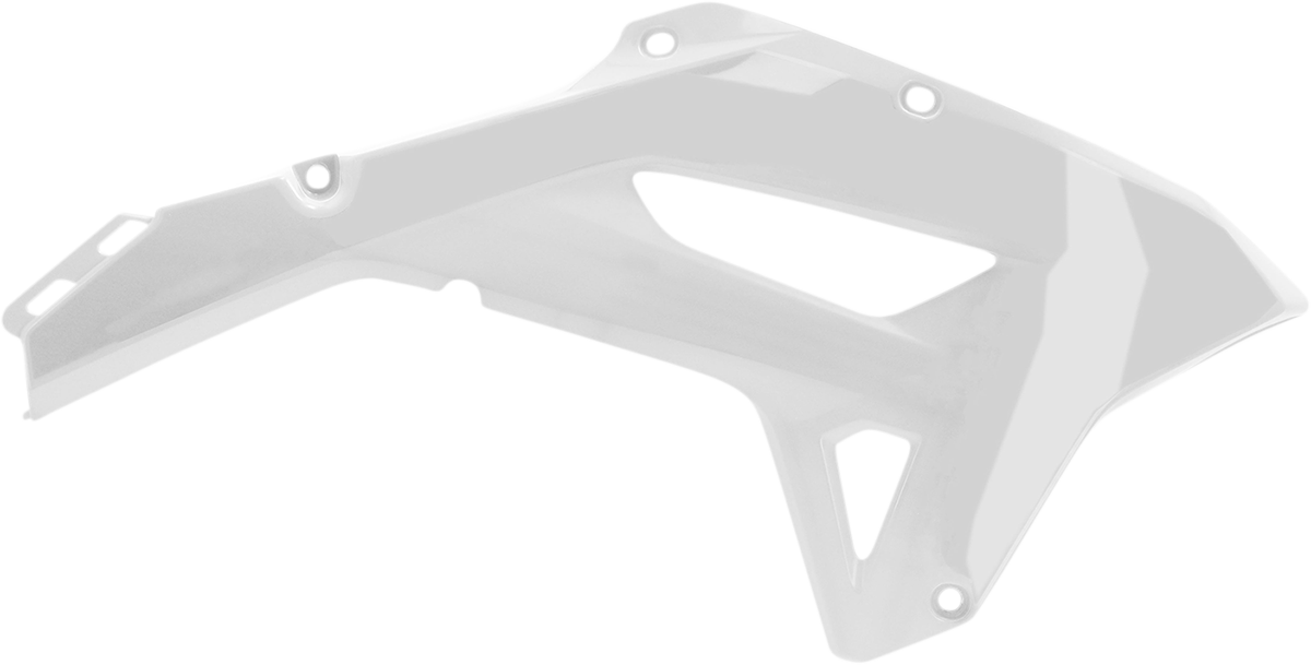 White ACERBIS radiator shroud for motorcycle body, designed for durability and style, with a clean, sleek appearance.
