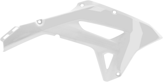 White ACERBIS radiator shroud for motorcycle body, designed for durability and style, with a clean, sleek appearance.