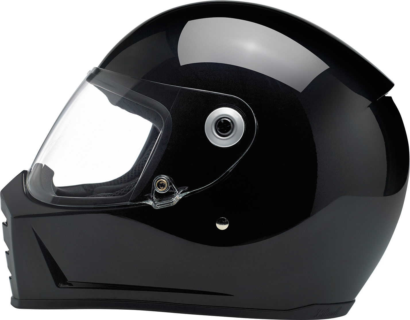 Gloss black BILTWEll Lane Splitter motorcycle helmet in small size with sleek design and clear visor, branded by Bill's Exhausts