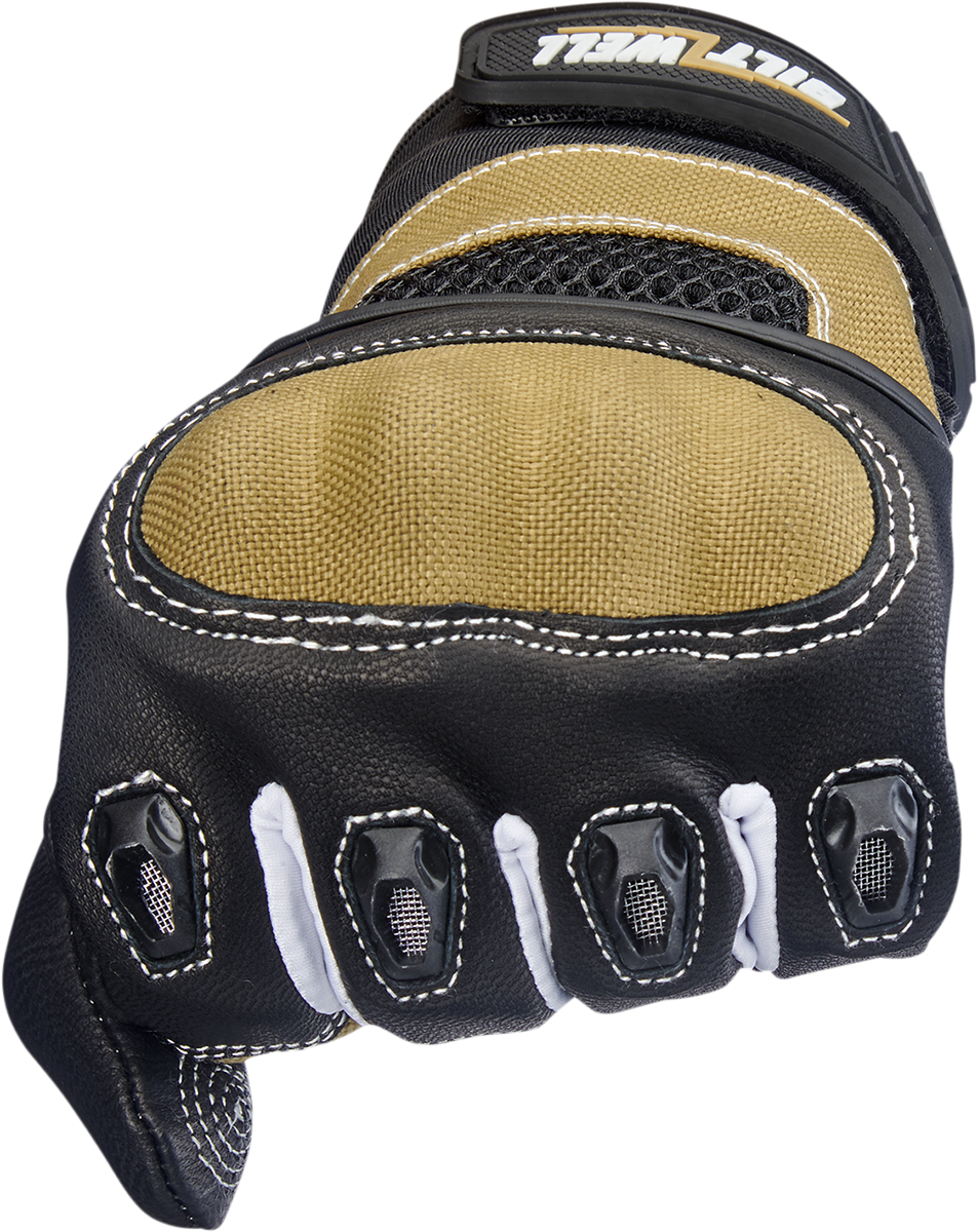 Tan BILTWELL Bridgeport gloves in XL size with reinforced palms and adjustable straps, designed for motorcycle riding comfort and protection.