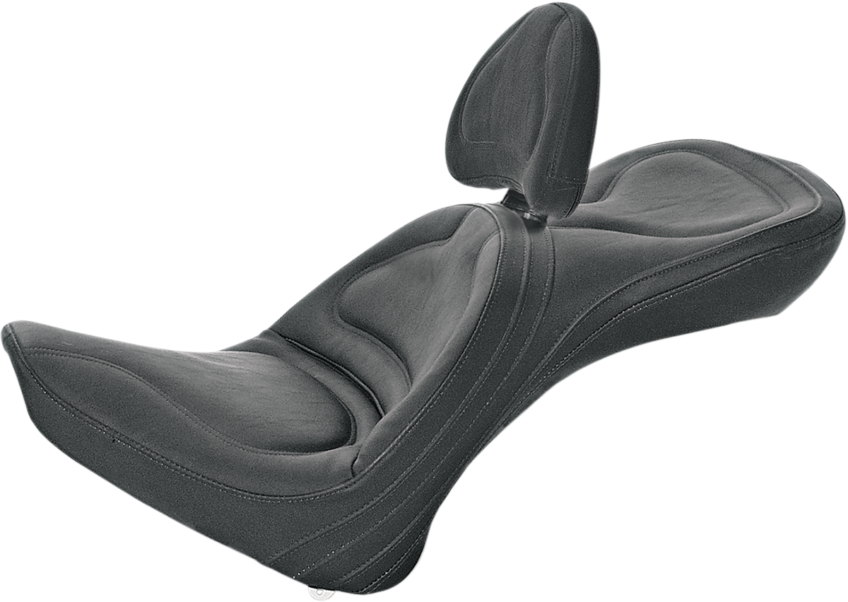 Black SADDLEMEN Explorer seat with backrest and stitched detailing for Softail motorcycles, designed for comfort and style.