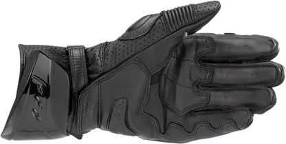 Alpinestars GP Pro R3 motorcycle gloves in black and black, 2XL size, featuring protective knuckles and reinforced palms.