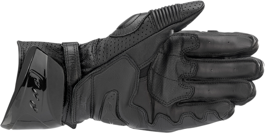 Alpinestars GP Pro R3 motorcycle gloves in black and black, 2XL size, featuring protective knuckles and reinforced palms.