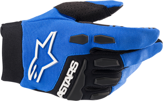 Youth Alpinestars Full Bore gloves in blue and black with protective padding, size 2XS, designed for motocross or dirt biking.