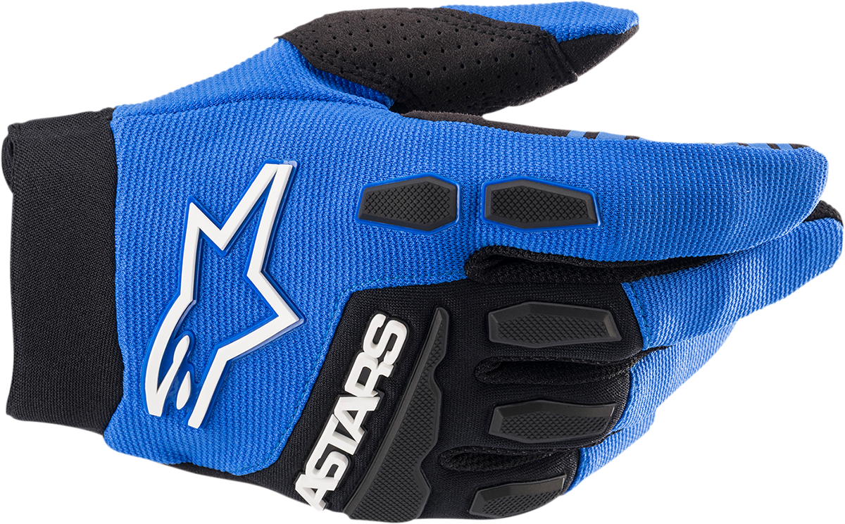 Alpinestars Youth Full Bore Gloves in blue and black, large size, showing the protective riding glove design and materials.