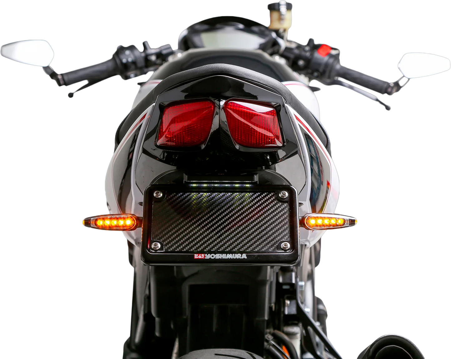 YOSHIMURA V2 Fender Eliminator Kit for Suzuki motorcycles, showing sleek black design and mounting hardware.