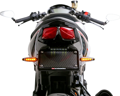 YOSHIMURA V2 Fender Eliminator Kit for Suzuki motorcycles, showing sleek black design and mounting hardware.