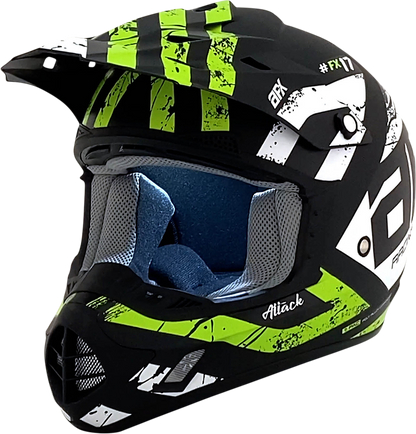 AFX FX-17 helmet in matte black and green with attack design, medium size, featuring aerodynamic shape and ventilation details.