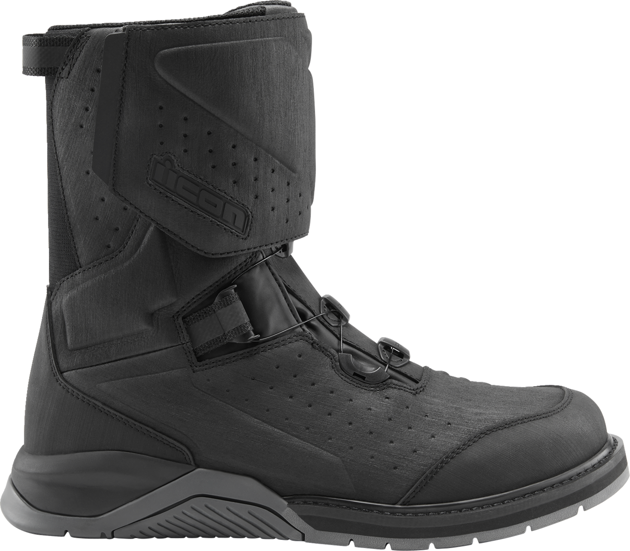 Black ICON Alcan Waterproof Boots by Bill's Exhausts, size 12, featuring durable waterproof leather and rugged sole design.