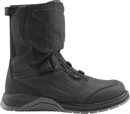 Black ICON Alcan Waterproof Boots by Bill's Exhausts, size 12, featuring durable waterproof leather and rugged sole design.