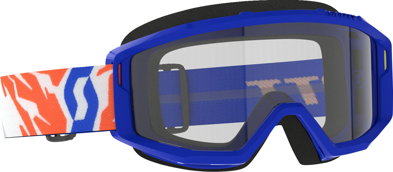 Scott Youth Primal Goggles in blue with clear lenses, designed for motorbike or sports use, featuring a durable frame and adjustable strap.