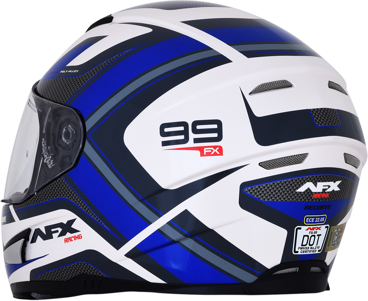 Bill's Exhausts AFX FX-99 helmet in pearl white and blue, small size, recurve helmet with sleek design and aerodynamic shape.