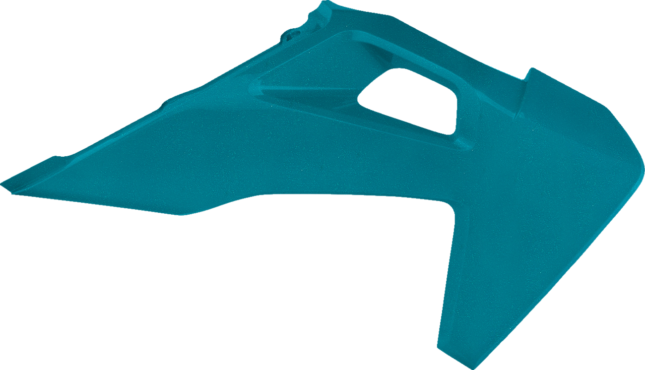 A set of teal and metallic ACERBIS radiator shrouds for motorcycle body, featuring sleek, custom-designed protective covers.