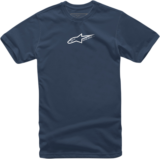 Navy and white ALPINESTARS Race Mod T-Shirt in medium size, featuring sporty design and branding, displayed flat on a white background.