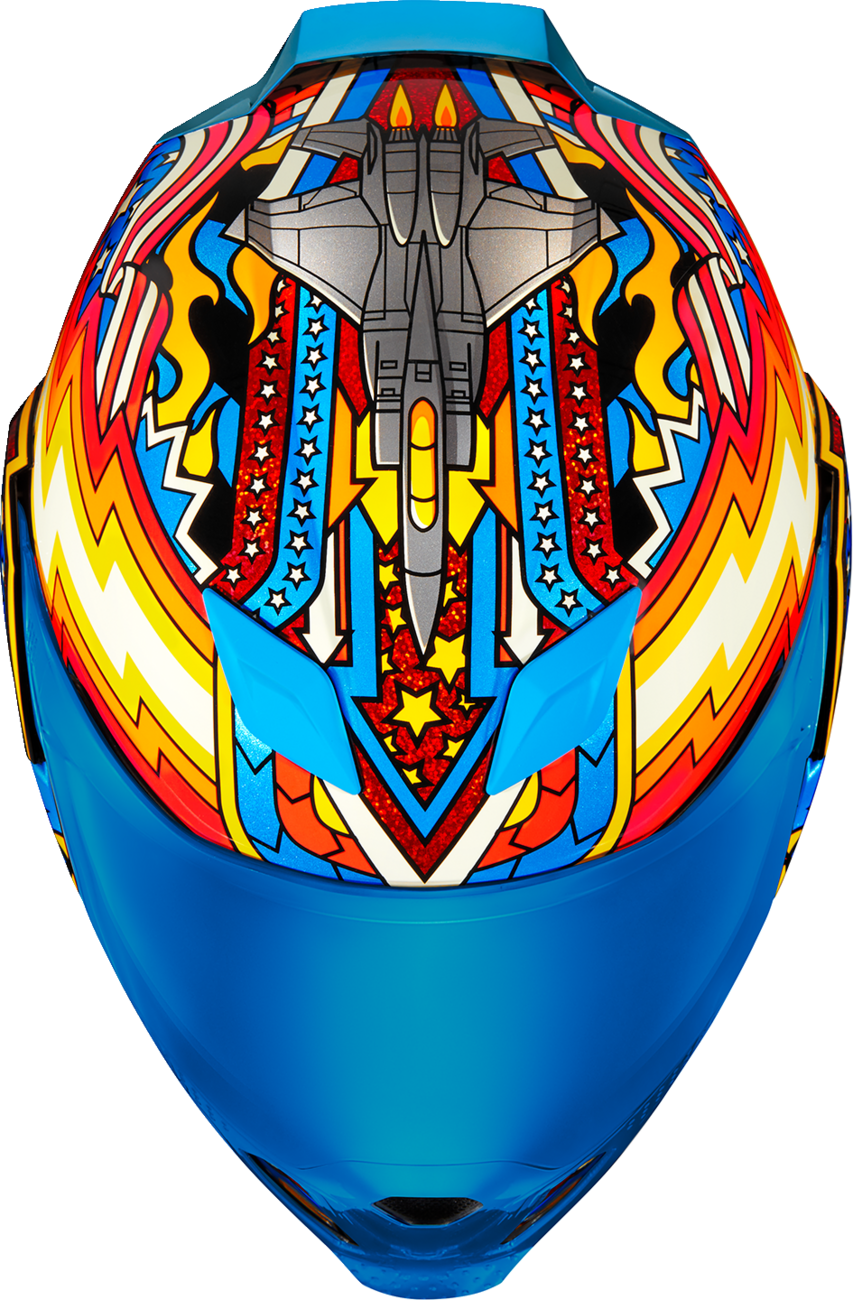 Bill's Exhausts ICON Airflite™ Flyboy blue helmet in 3XL size, showing the aerodynamic helmet with visor and stylish design.