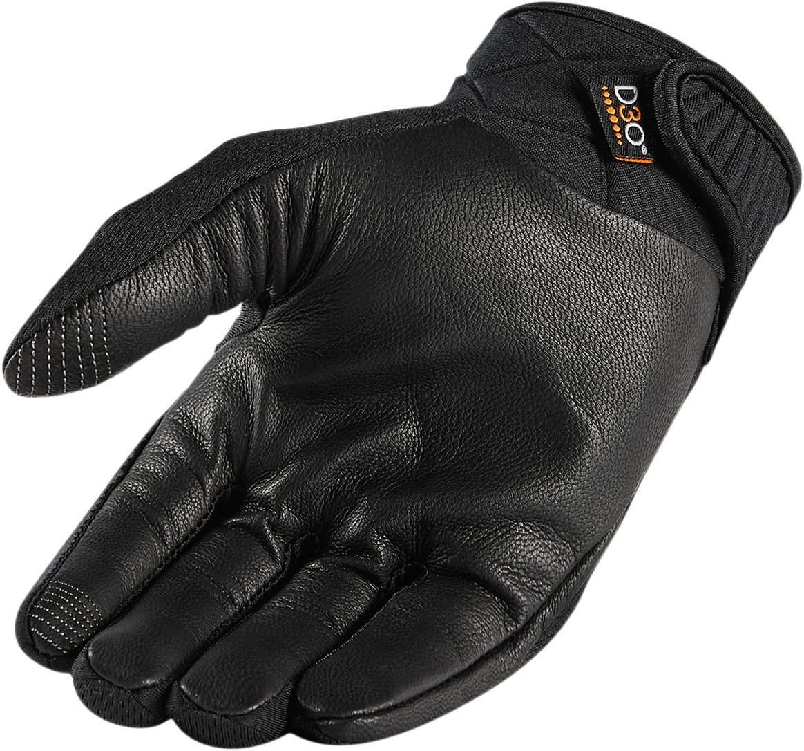 ICON Women's Anthem 2 Stealth CE gloves in black, size XL, with padded knuckles and adjustable wrist strap.