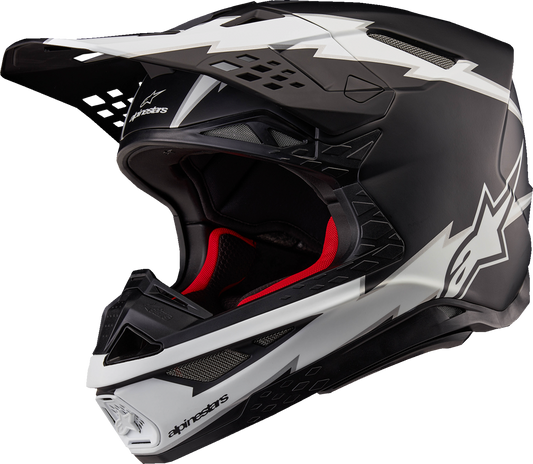 Alpinestars Supertech M10 helmet in matte black and white with MIPS® safety technology, medium size, shown from the front.