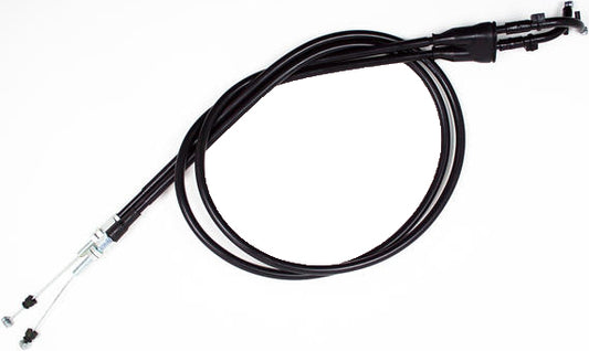 Black vinyl throttle push-pull cable set by Motion Pro, designed for motorcycle and vehicle throttle control.