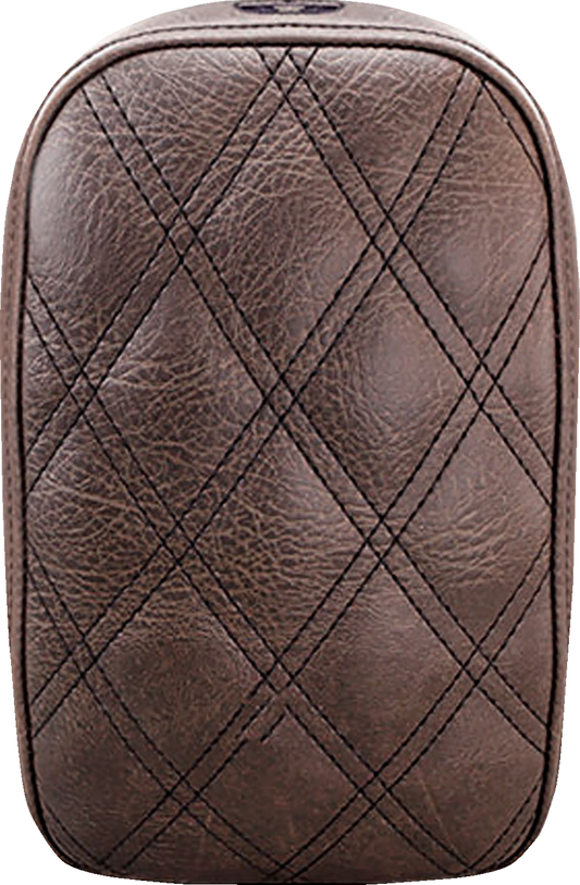 Brown SADDLEMEN detachable pillion seat pad with lattice stitching, designed for motorcycle seats by Bill's Exhausts.