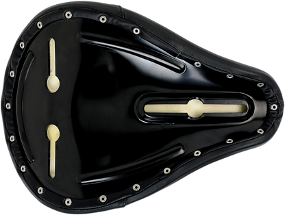 Black BILT WELL Midline Seat for motorcycles, smooth design, with a comfortable padded surface, compatible with various bike models.