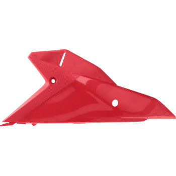 Red Acerbis side panels for Honda 2025 motorcycle, upper and lower, designed for model 2986030227, installed on a bike.