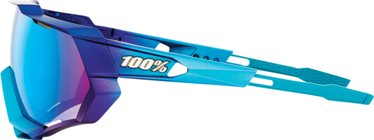 Bill's Exhausts Speedtrap sunglasses with metallic blue frame and blue mirror lenses, stylish and reflective eyewear.