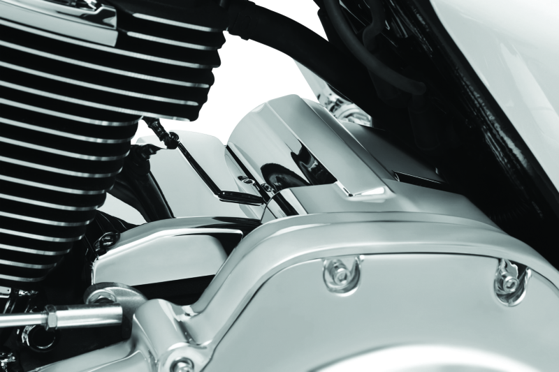 Chrome Kuryakyn Precision Transmission Top Cover for 2017-2018 Harley Davidson Touring motorcycles, detailed close-up image.