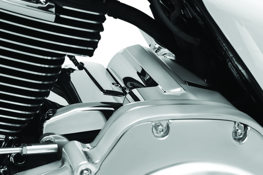 Chrome Kuryakyn Precision Transmission Top Cover for 2017-2018 Harley Davidson Touring motorcycles, detailed close-up image.