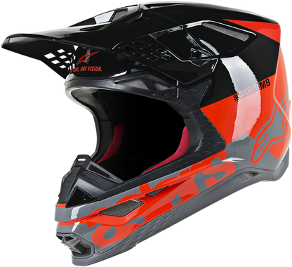 Alpinestars Supertech M8 helmet in Radium Red Fluo, black and gray glossy, showing the aerodynamic design and MIPS safety features.