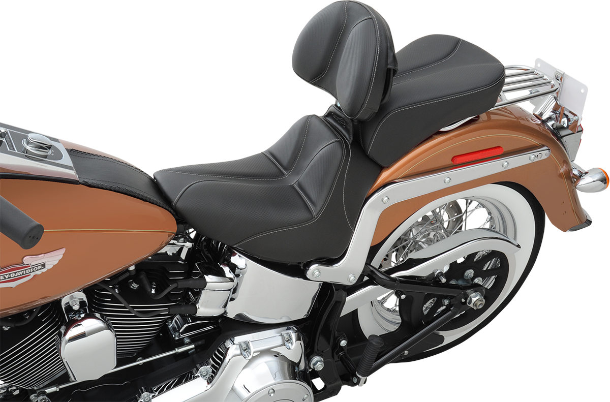 Black SADDLEMEN Dominator Solo Seat with gray stitching for FLSTC/N 2006-2017, featuring stitched upholstery and ergonomic design.