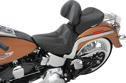 Black SADDLEMEN Dominator Solo Seat with gray stitching for FLSTC/N 2006-2017, featuring stitched upholstery and ergonomic design.
