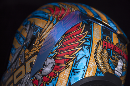 Bill's Exhausts ICON Airform™ Pharaoh Gold helmet in medium size, featuring a sleek helmet design with gold finish.