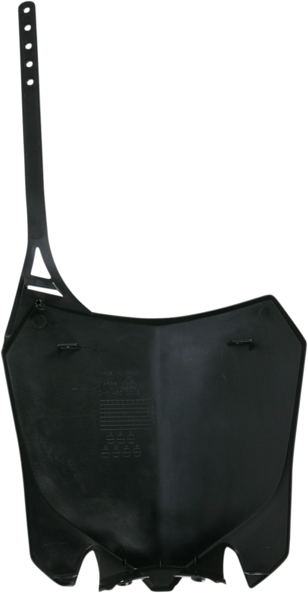 Black Acerbis front number plate for motorcycle, shown mounted on bike body, with sleek design and branding detail.
