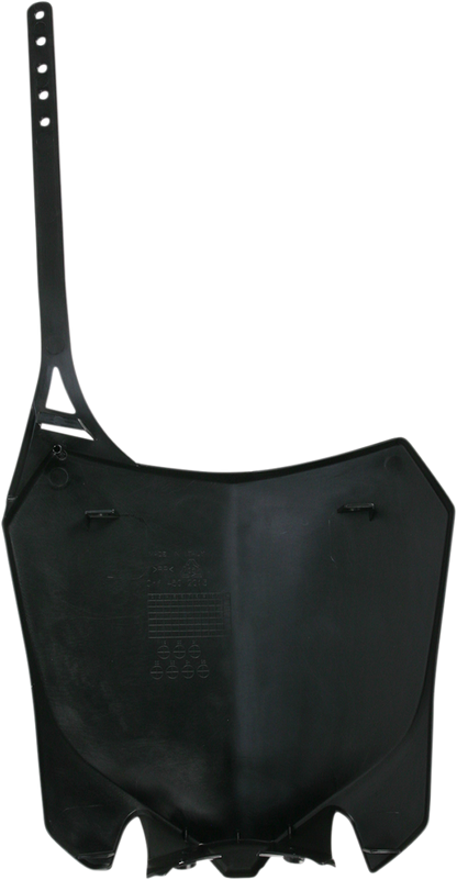 Black Acerbis front number plate for motorcycle, shown mounted on bike body, with sleek design and branding detail.