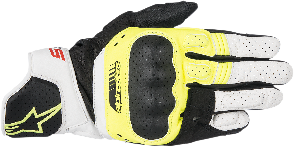 Alpinestars SP-5 motorcycle gloves in black, fluo yellow, and white, size small, featuring protective padding and textured grip.