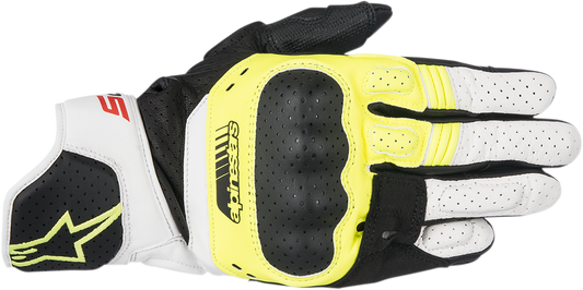 Alpinestars SP-5 motorcycle gloves in black, fluo yellow, and white, size XL, with reinforced knuckles and textured palm.
