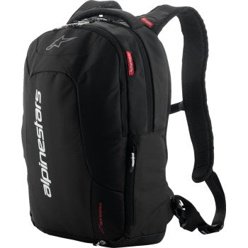 Black and white Alpinestars City Hunter Backpack V2 with multiple compartments and adjustable straps, shown on a plain background.