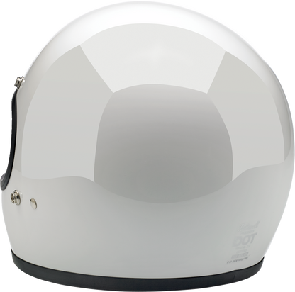 Gloss white BILTWELL Gringo helmet in large size, shown with its classic motorcycle helmet design and secure strap.