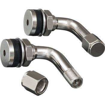 Pair of Bill's Exhausts SHOW CHROME Valve Stems with 90° bend, durable metal construction for vehicle tire valves.