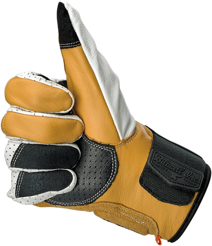BILTWELL Borrego Gloves in Cement color, XL size, made by Bill's Exhausts, showing textured leather and reinforced knuckles.