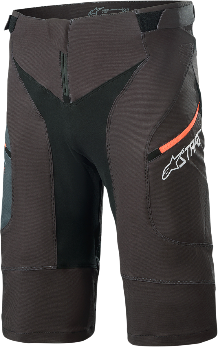Alpinestars Drop 8.0 black and coral shorts with logo, designed for motorcycle riding, size US 36.