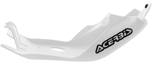 ACERBIS white skid plate for Husqvarna and KTM bikes, designed to protect the body and engine from debris and impacts.