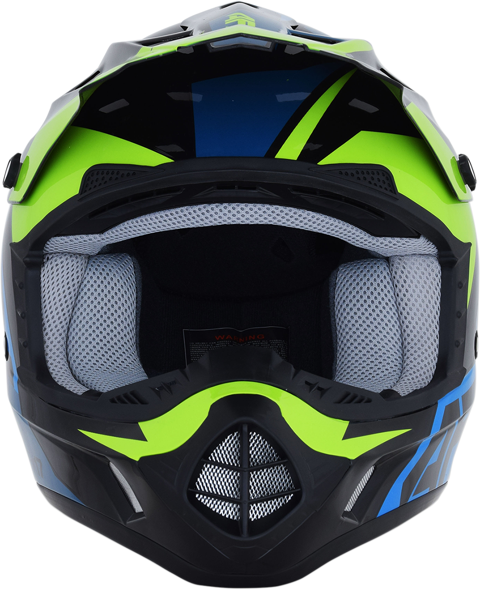 Blue and lime AFX FX-17 helmet in large size with Aced design, featuring a sleek motorcycle helmet style.