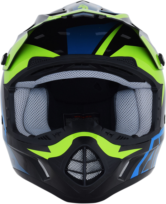 Blue and lime AFX FX-17 helmet in small size with aerodynamic shape and visor, designed for motorcycle riding.