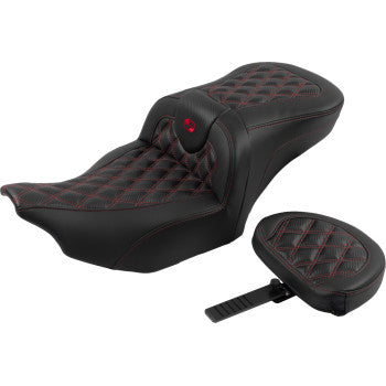Bill's Exhausts SADDLEMEN RoadSofa™ motorcycle seat with backrest, carbon fiber finish, lattice stitch, and red stitching for FLTR/FLHX '23-'24
