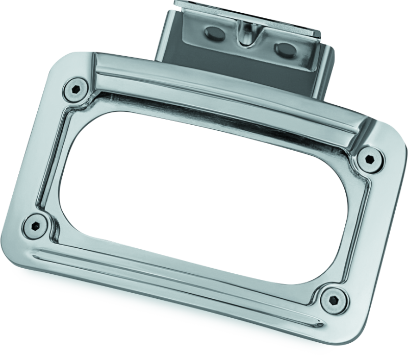 Kuryakyn LED curved license plate frame for Indian motorcycles with chrome finish, featuring illuminated edges and sleek design.
