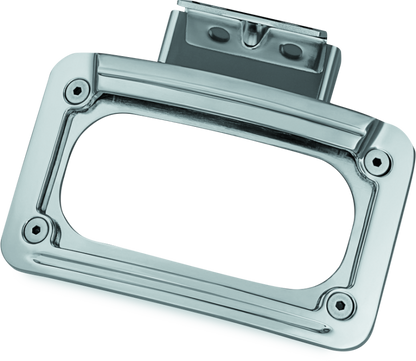 Kuryakyn LED curved license plate frame for Indian motorcycles with chrome finish, featuring illuminated edges and sleek design.